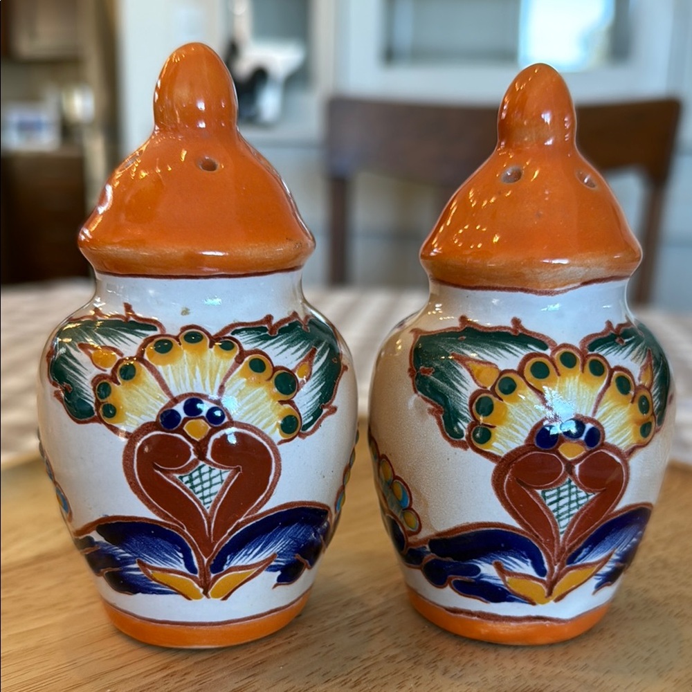 Handcrafted Pottery Salt and Pepper Shakers - Orange and Blue Mexico